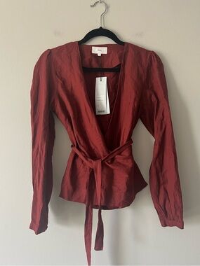 KOTN Brick Red Wrap Blouse Size 6 Long Sleeve Tie Waist Cotton Top Puff Sleeve